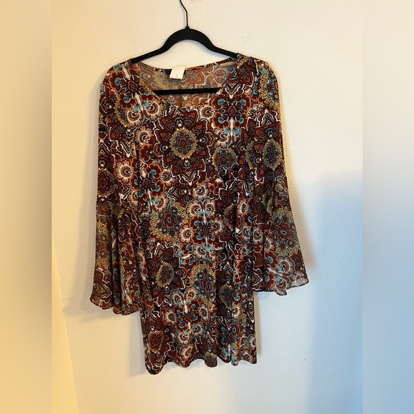 MSK Red and Orange Mini Dress with Scoop Neck Bell Sleeves and Ruffled Style - Picture 1 of 3